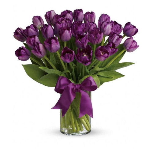 Purple Tulips with Glass vase